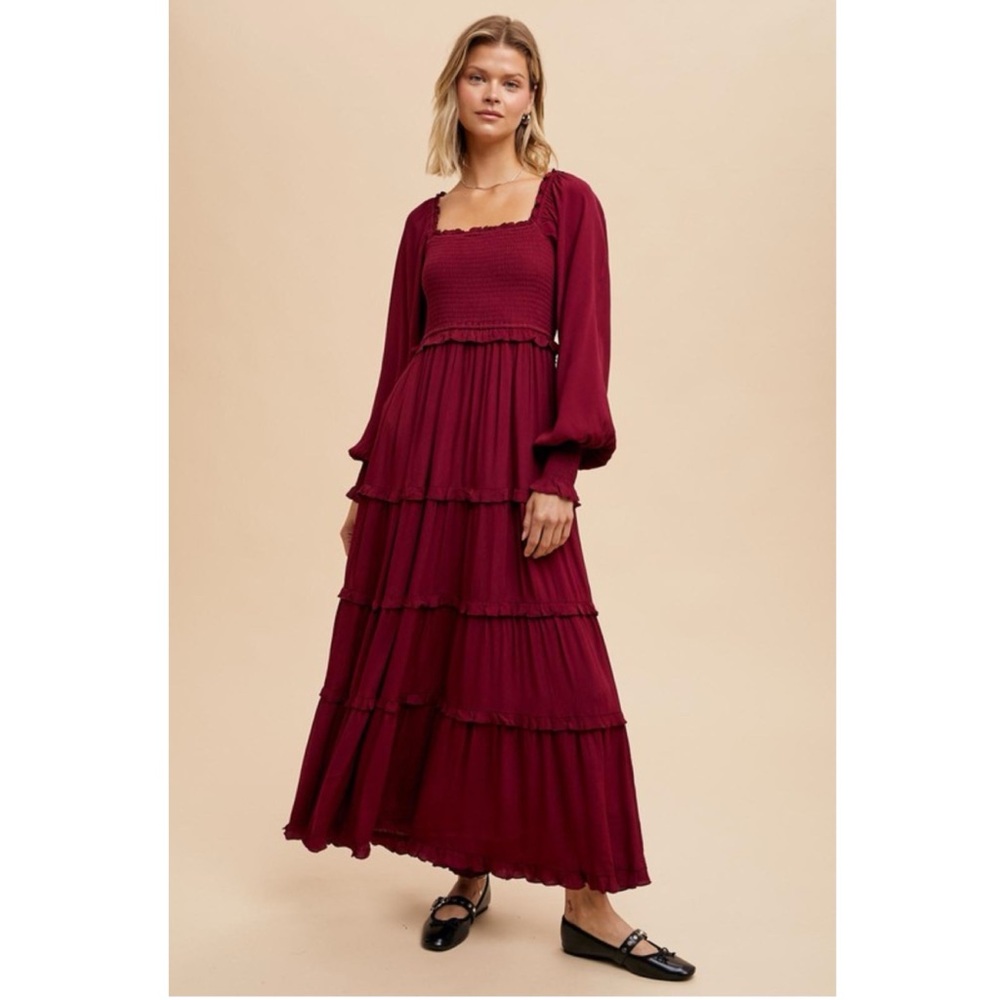 806 - Long Sleeve Tiered Maxi Dress in Burgundy